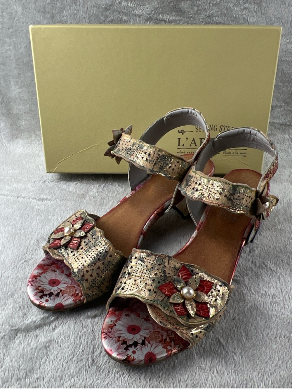 L'Artiste Women's Leather Sandals Freeform Gold Multi Floral Women’s 9.5-10 EU41